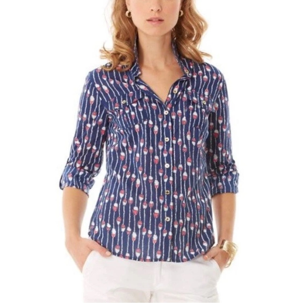 Lilly Pulitzer Cruiser Shirt Camp Buoy Lanes Stripe Size 4 Roll Tab Sleeve